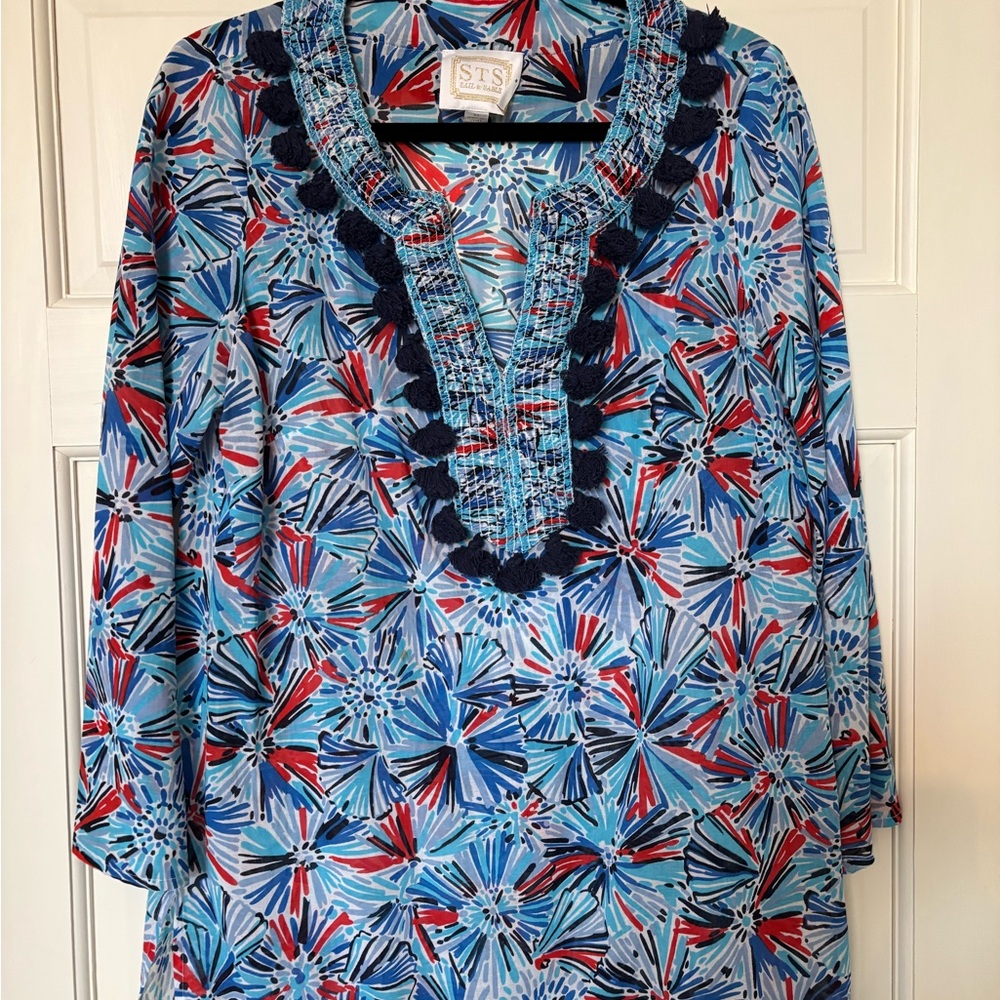 Sail to Sable Blue Floral Tassel-Trim Tunic